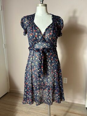 Polo Ralph Lauren Navy Floral Wrap Midi Dress Self Tie chiffon mulberry silk 4